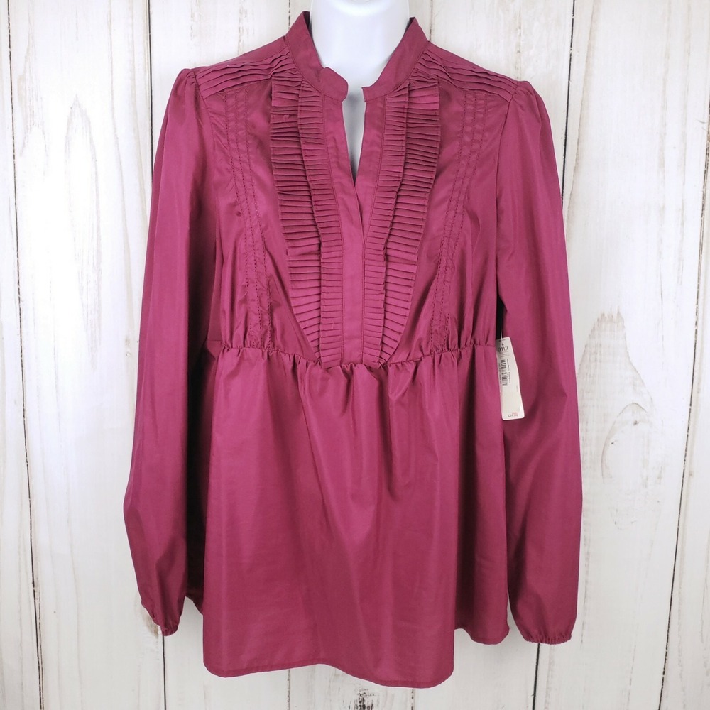 ANA A New Approach Womens Large Blouse Raspberry Radiance Ruffles V-Neck Long Sl